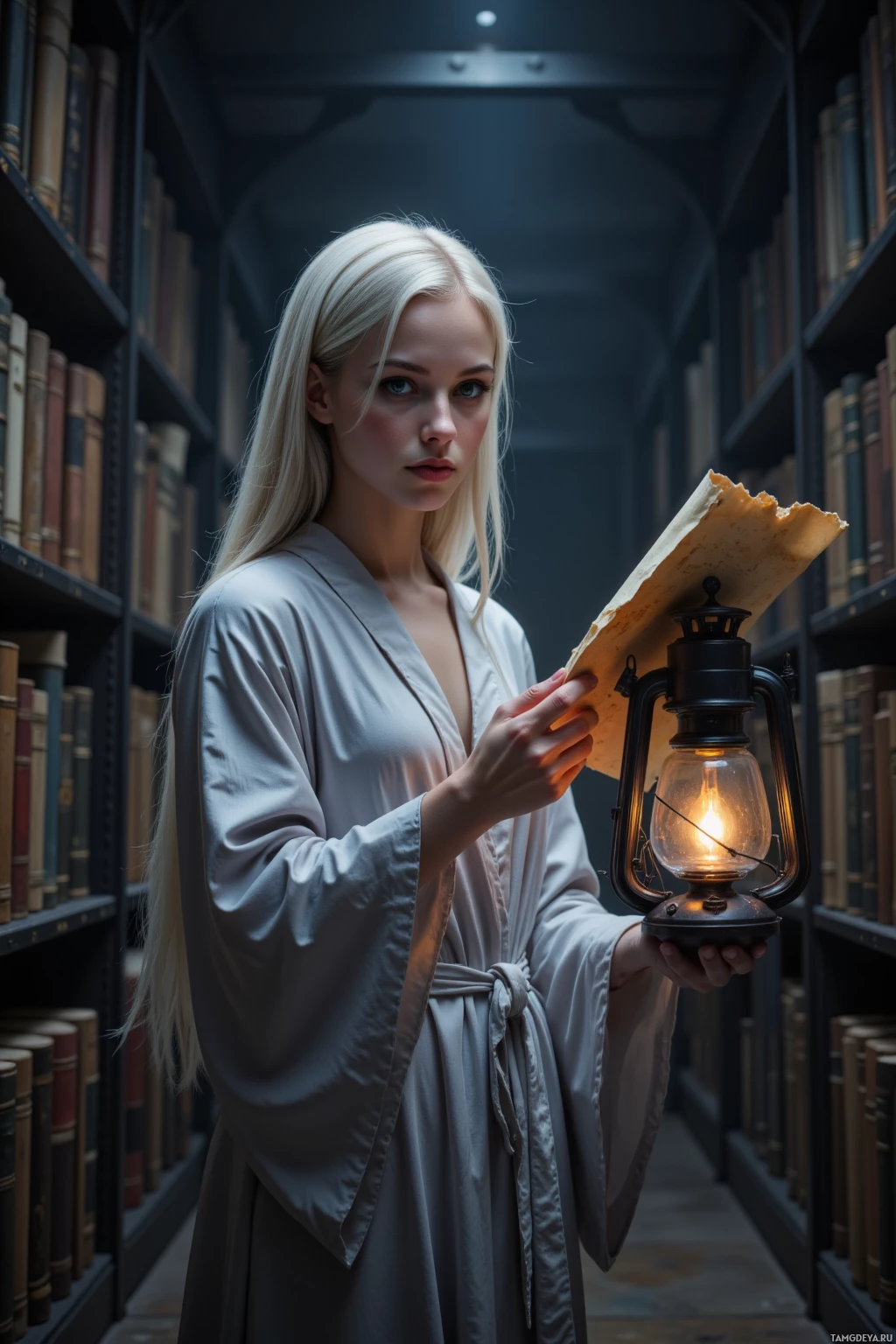 A woman in a robe holds a lantern in a dimly lit library.