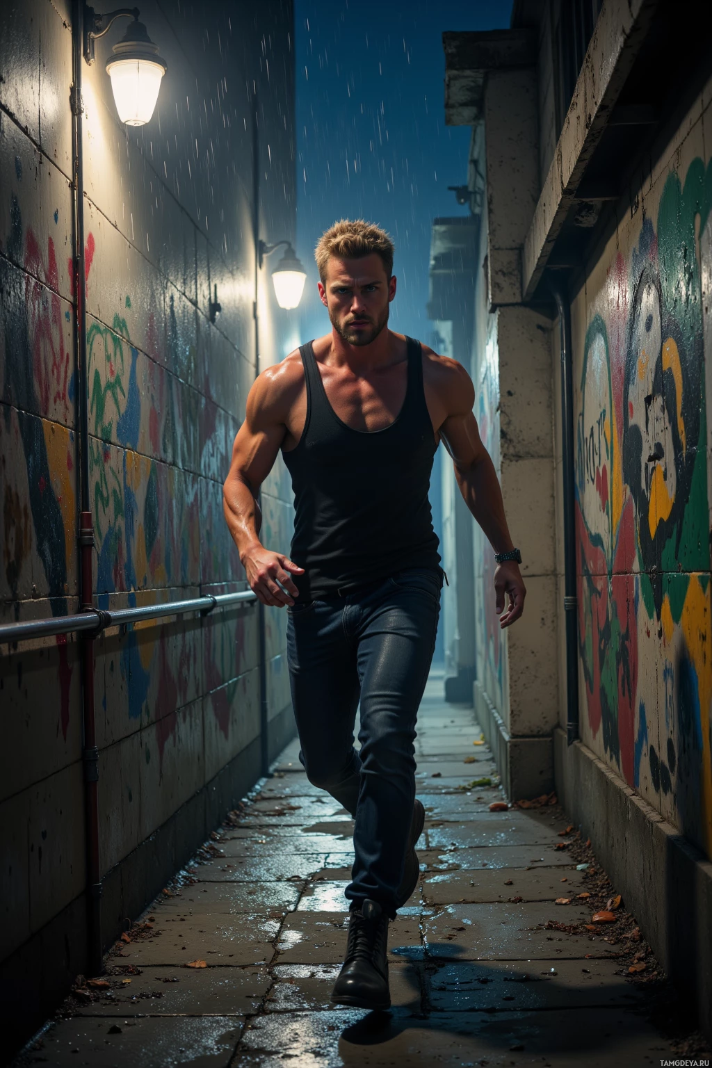 A muscular man in a black tank top and jeans walks through a narrow alleyway under rain.