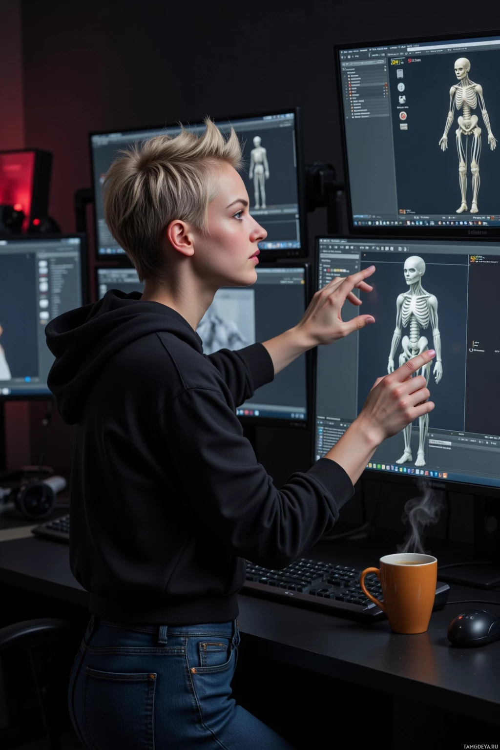 A person is working on a computer, focusing on a 3D model of a human skeleton displayed on the screen.
