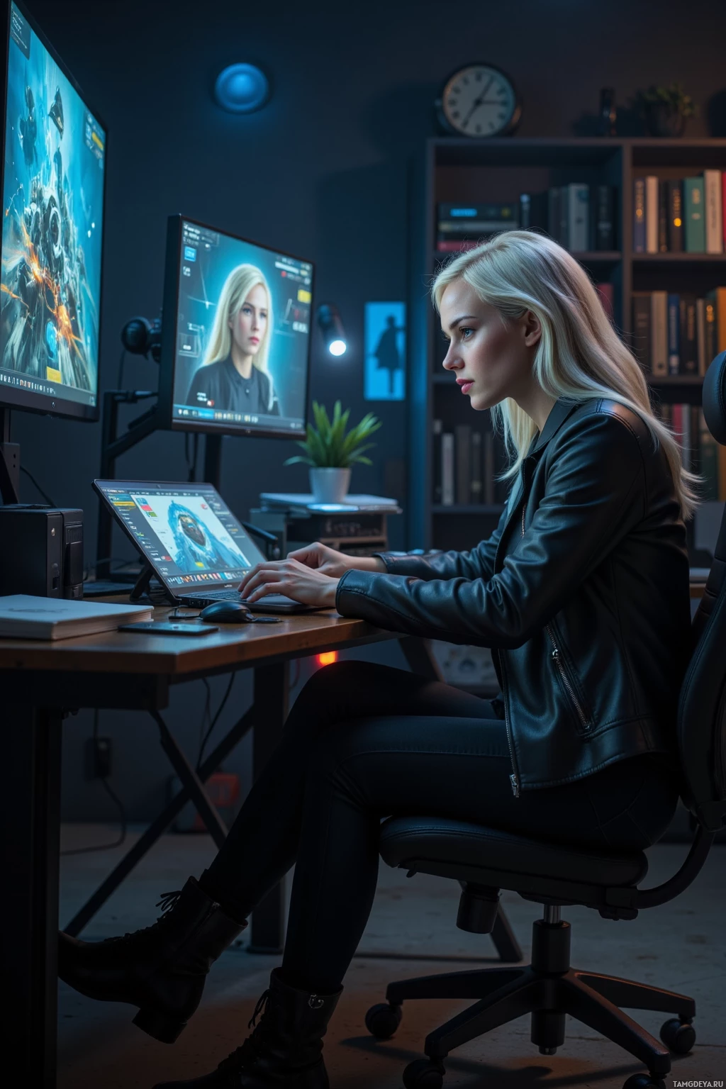A woman in a leather jacket works at a desk with multiple monitors displaying video game graphics.
