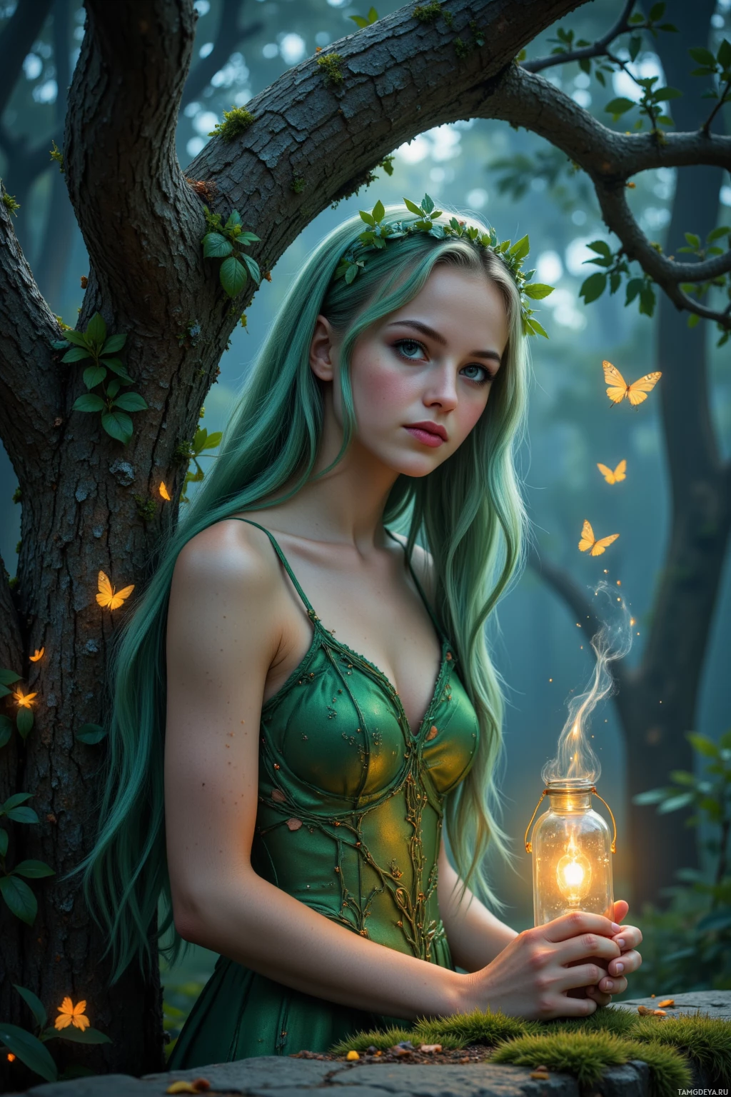 A woman with long green hair and a green dress holds a glowing lantern in a forest setting.