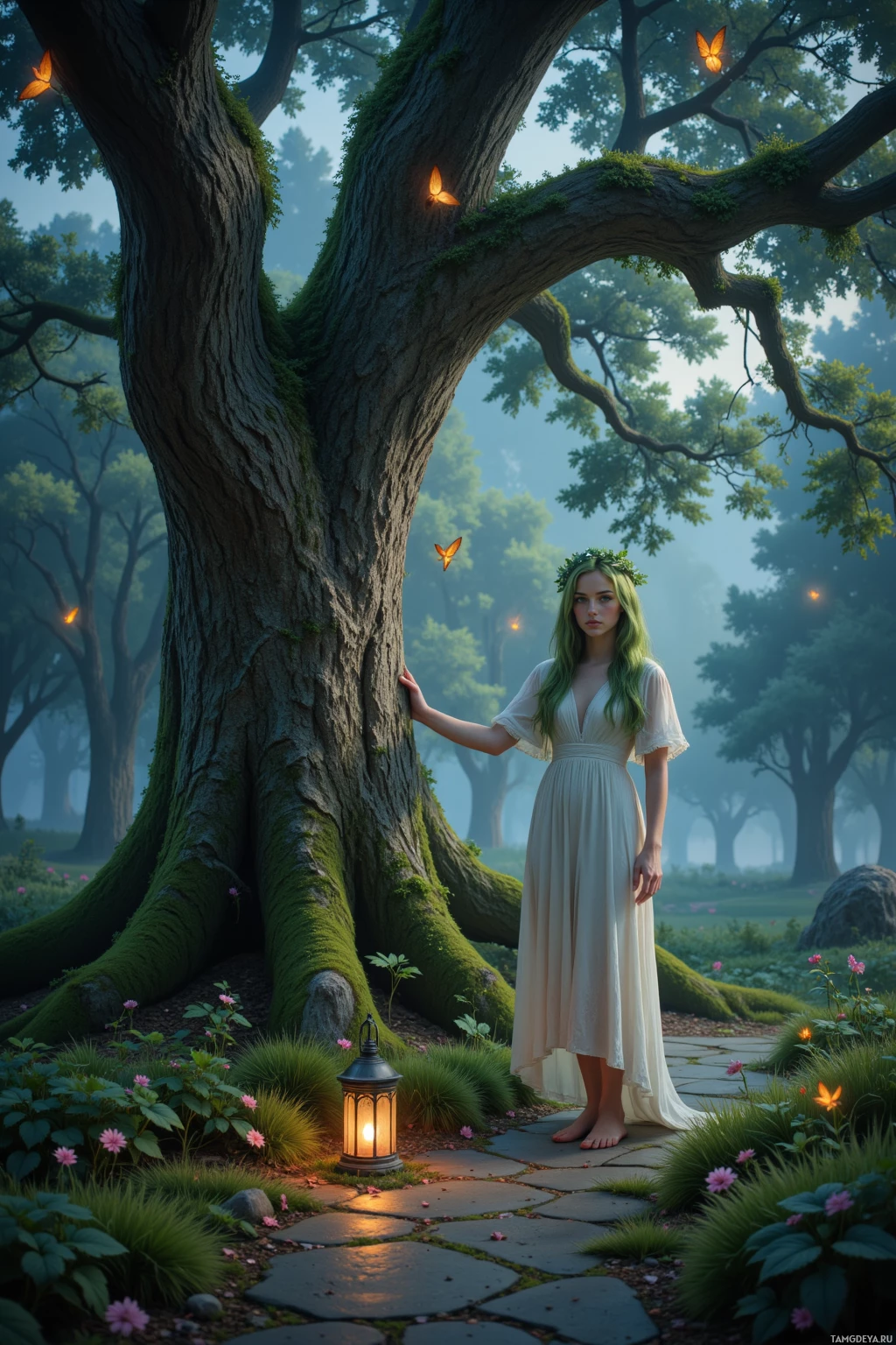 A woman in a white dress stands beside a large tree in a serene forest setting.