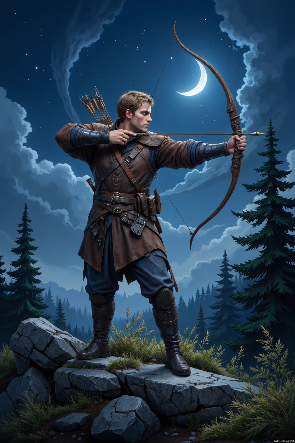 A man stands on a rocky outcrop at night, aiming a bow with a crescent moon and stars in the sky.