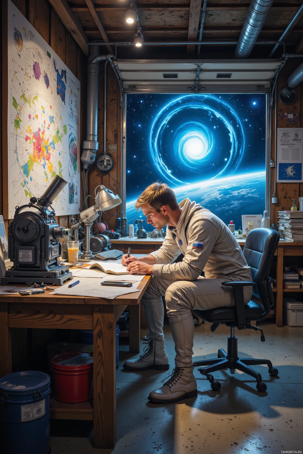 A person in an astronaut suit works at a desk in a workshop with a cosmic-themed backdrop.