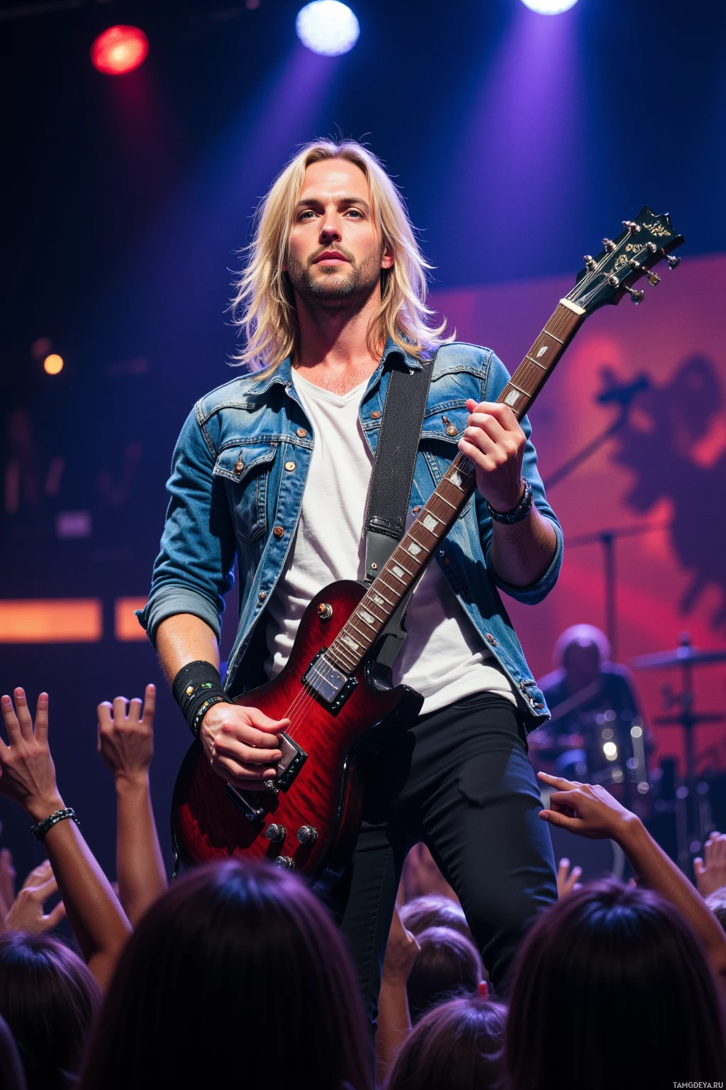 A guitarist performs on stage with a crowd raising their hands.