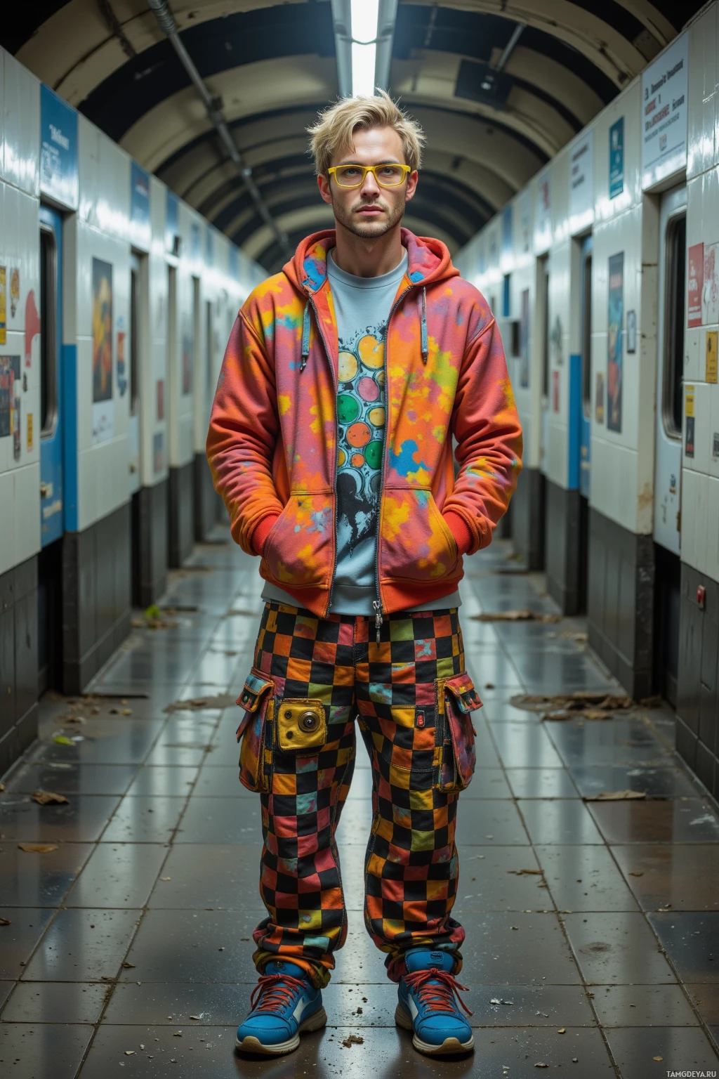 A person stands in a subway station wearing a colorful tie-dye hoodie and checkered pants.