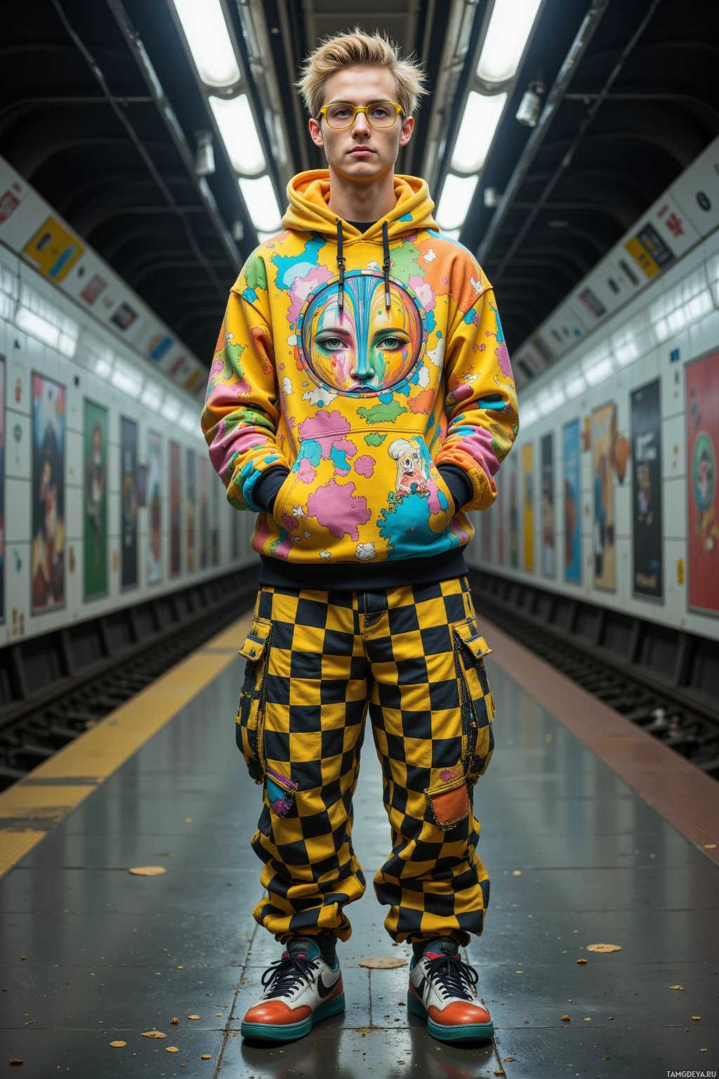 A person stands on a subway platform wearing a colorful hoodie and checkered pants.