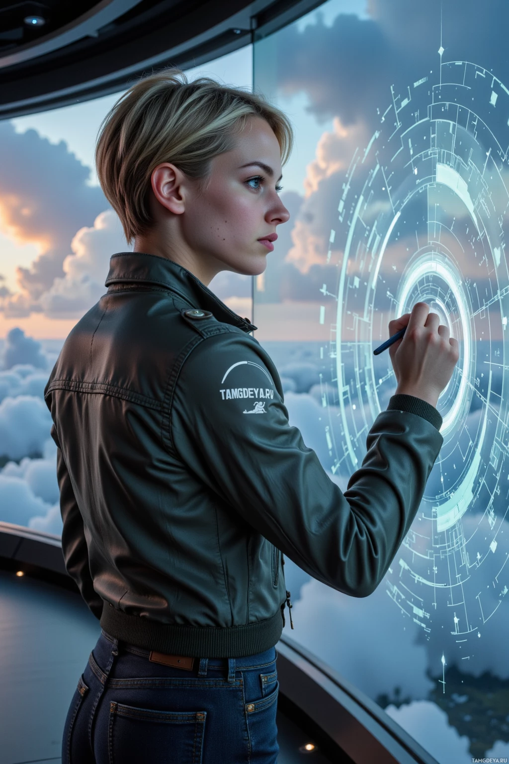 A person in a leather jacket interacts with a futuristic interface.