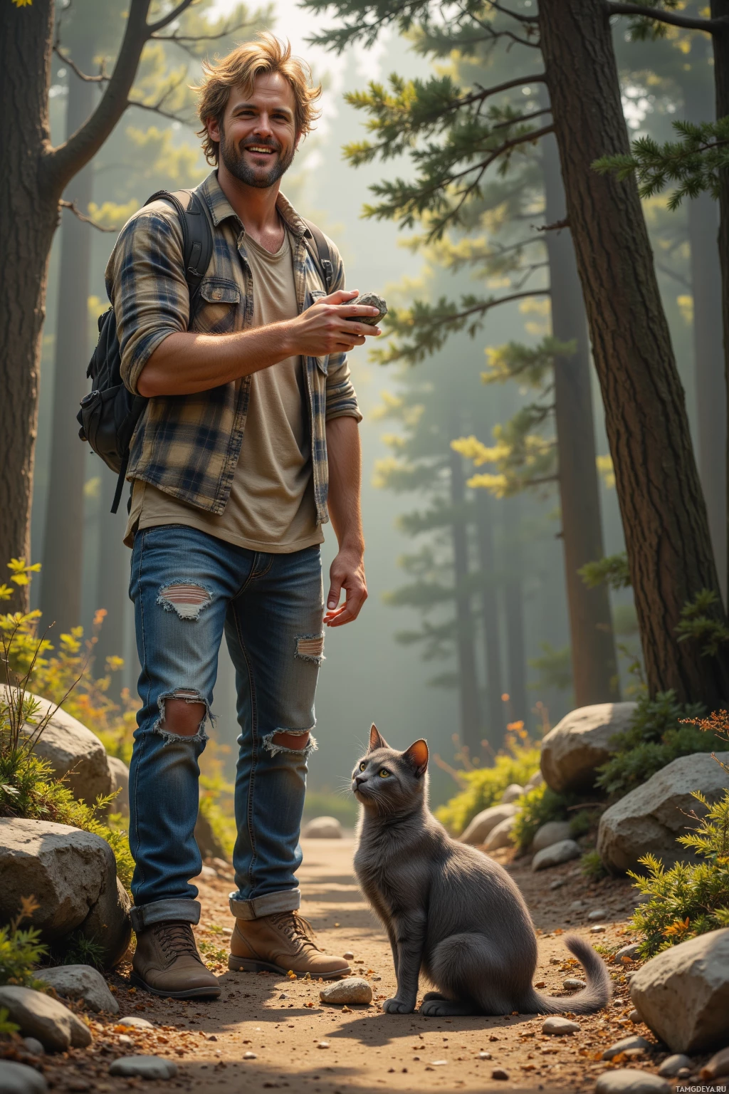 A man and a cat stand on a forest path, surrounded by trees and rocks.