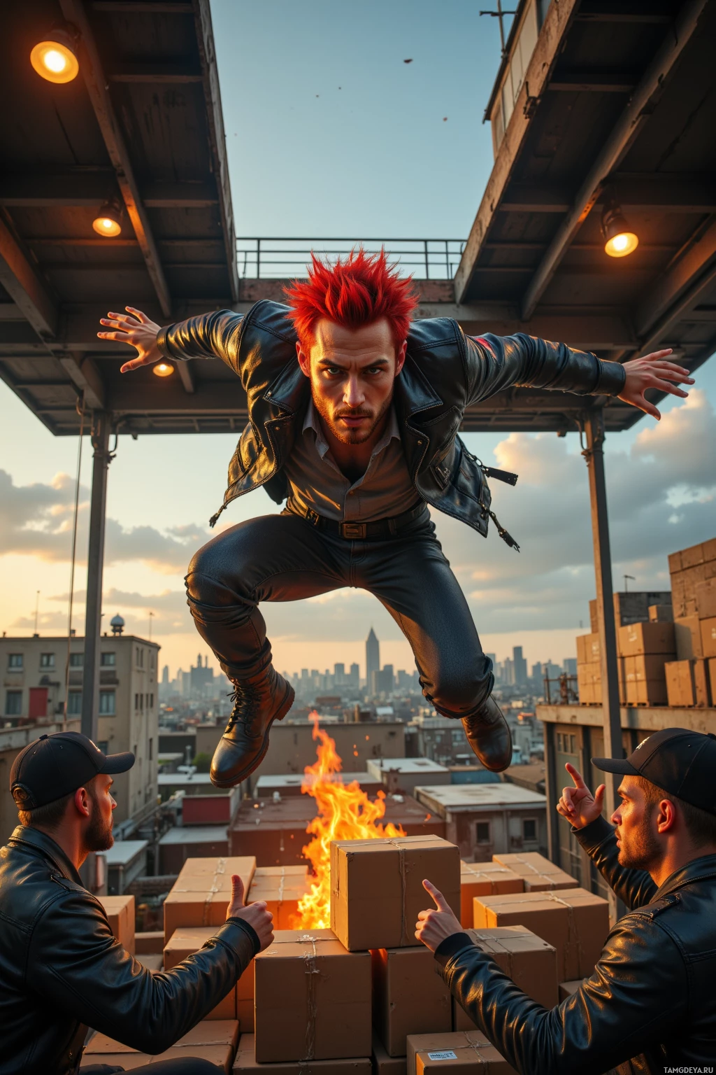 A man in a leather jacket leaps into the air on a rooftop, with another man pointing upwards.