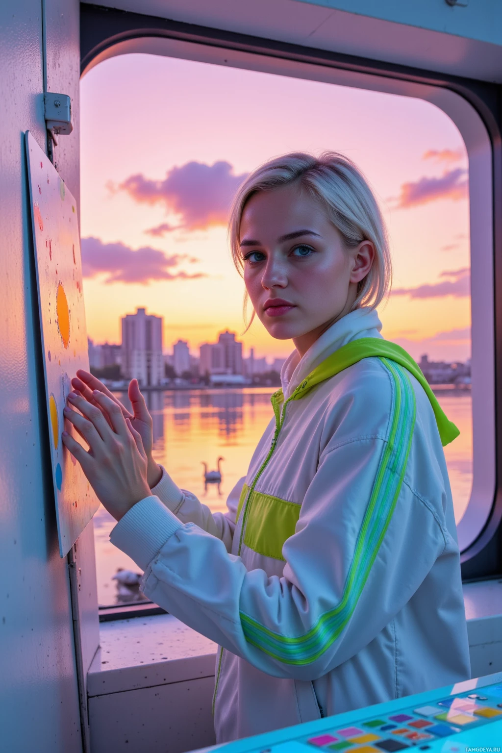 A person in a white tracksuit stands by a window, gazing at a cityscape and a swan on the water at sunset.