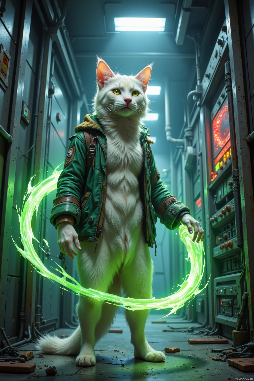 A futuristic cat character in a green jacket stands in a dimly lit industrial corridor with glowing green energy.