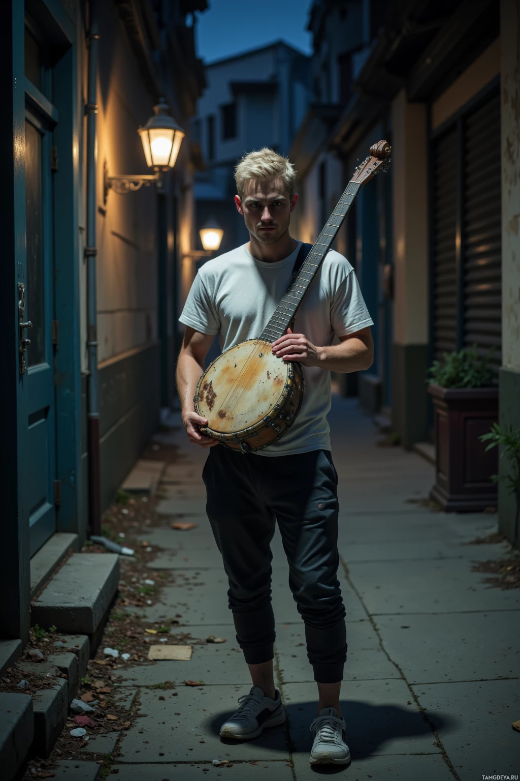 A person stands in an alleyway holding a banjo, wearing casual attire.