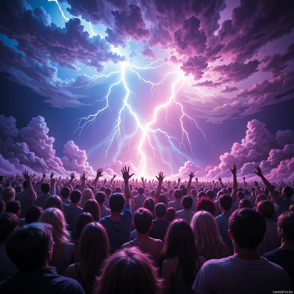 A crowd of people with raised hands stands beneath a dramatic sky with lightning and colorful clouds.