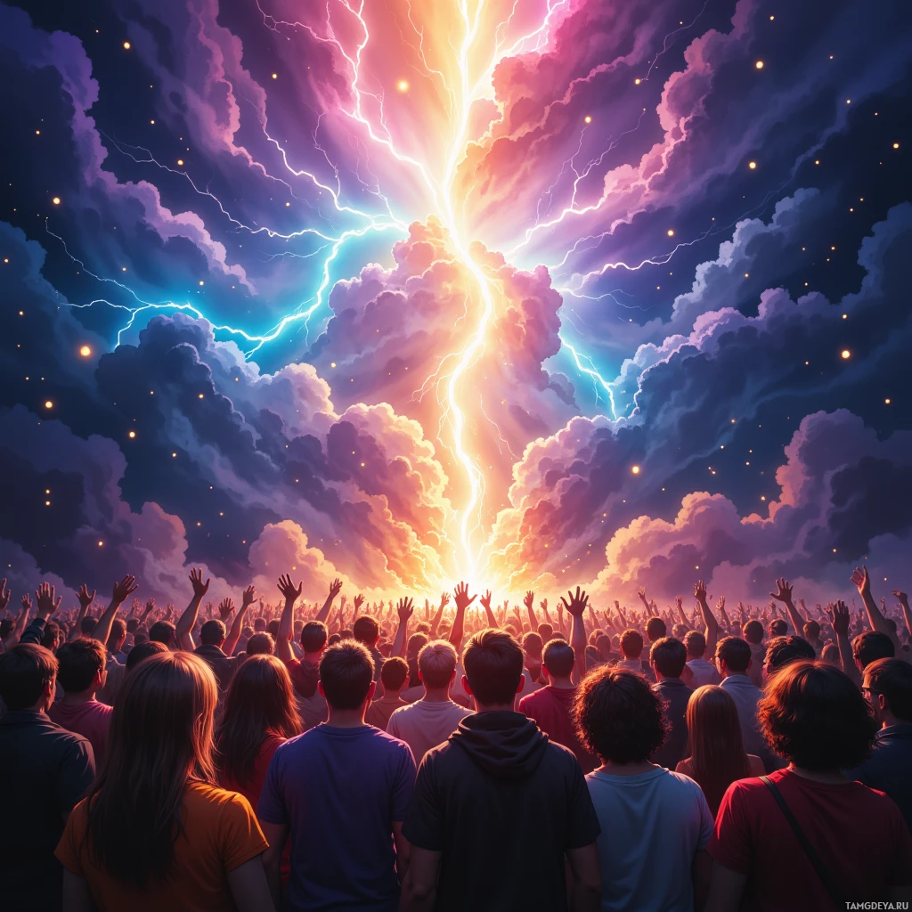 A crowd of people with raised hands stands beneath a vibrant sky with lightning and colorful clouds.