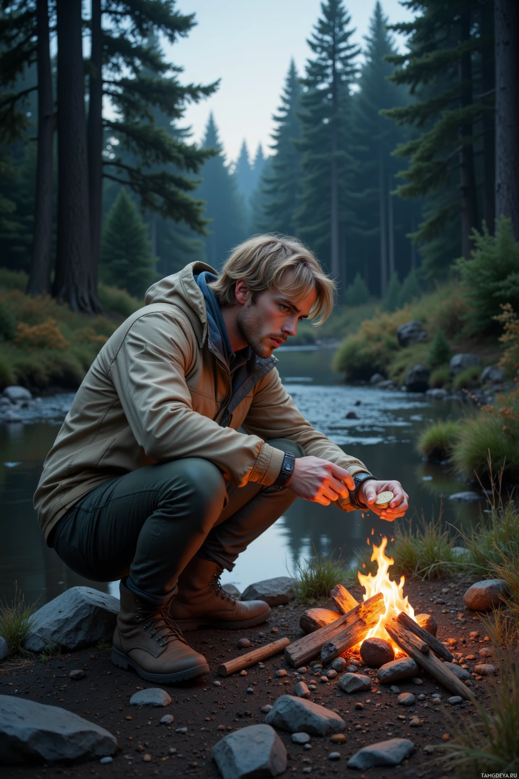 A person crouches near a campfire by a river, surrounded by a forest.