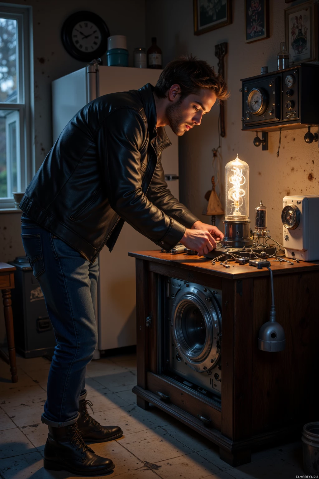 A man in a leather jacket works on a vintage electronic device in a dimly lit room.