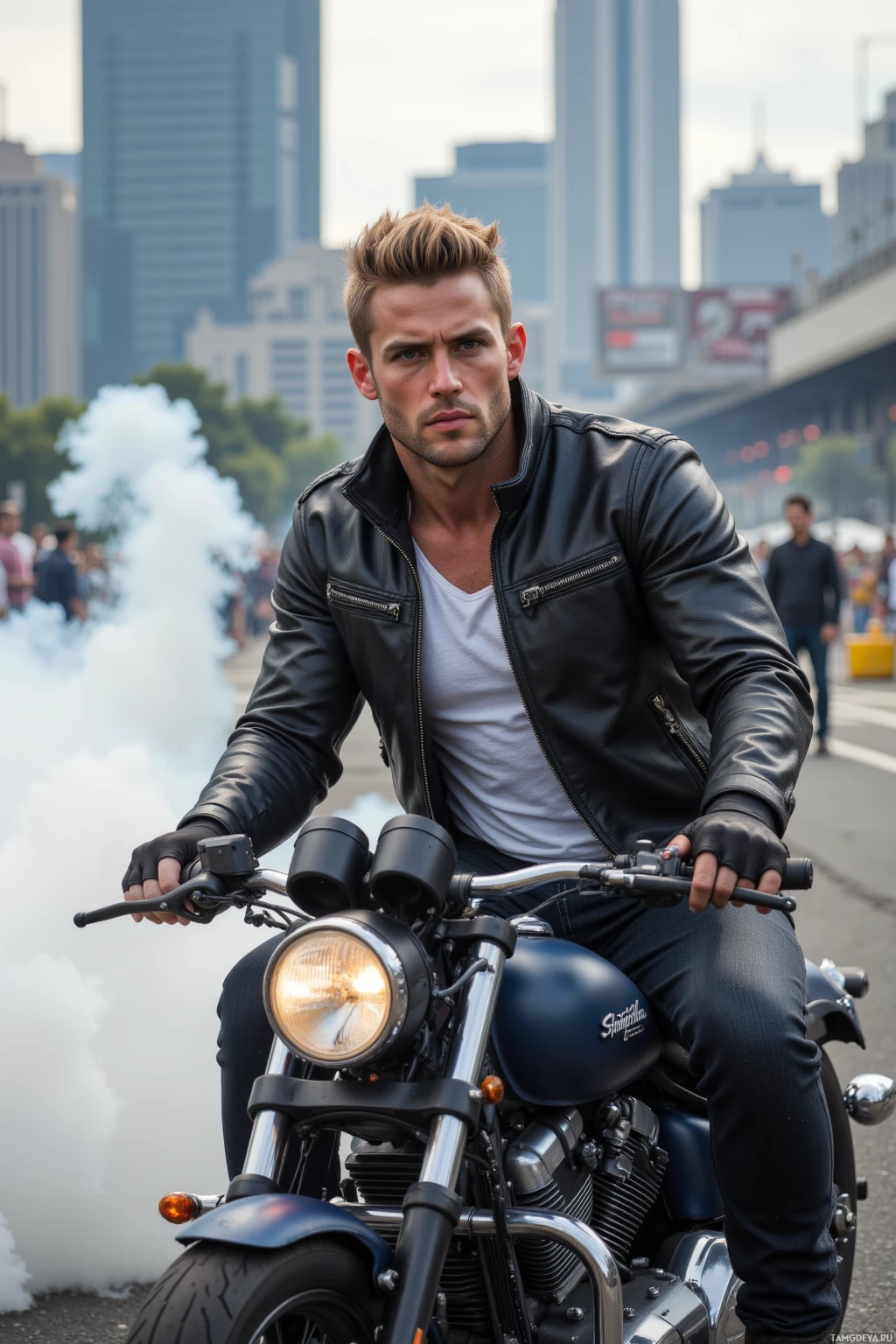 A man in a leather jacket rides a motorcycle with smoke billowing behind him.