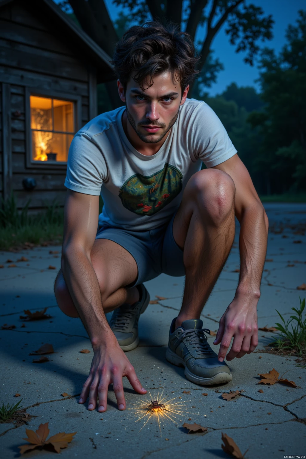 A man crouches outdoors near a house, reaching down to examine a glowing spider on the ground.