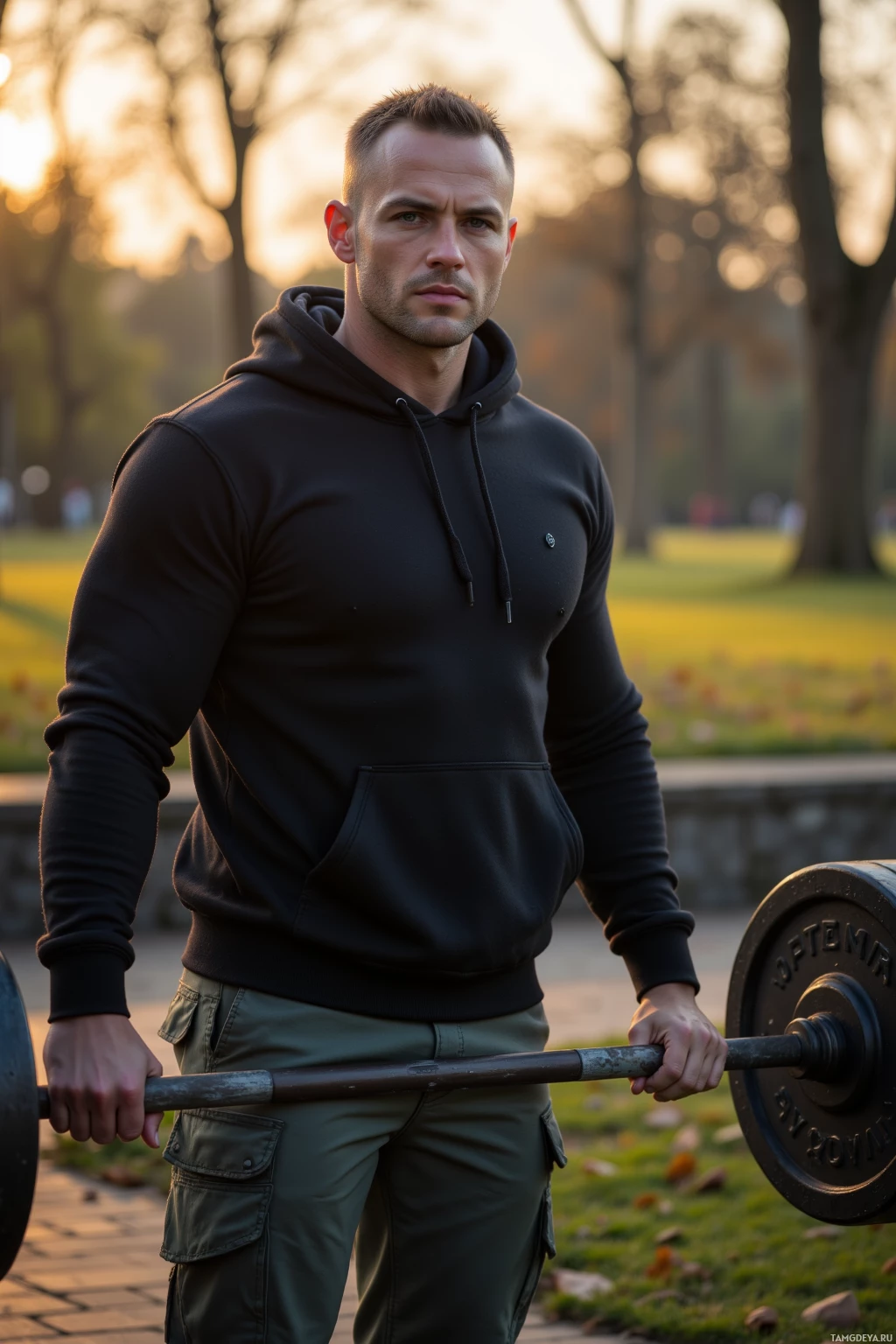 A man in a black hoodie and cargo pants holds a barbell in a park at sunset.