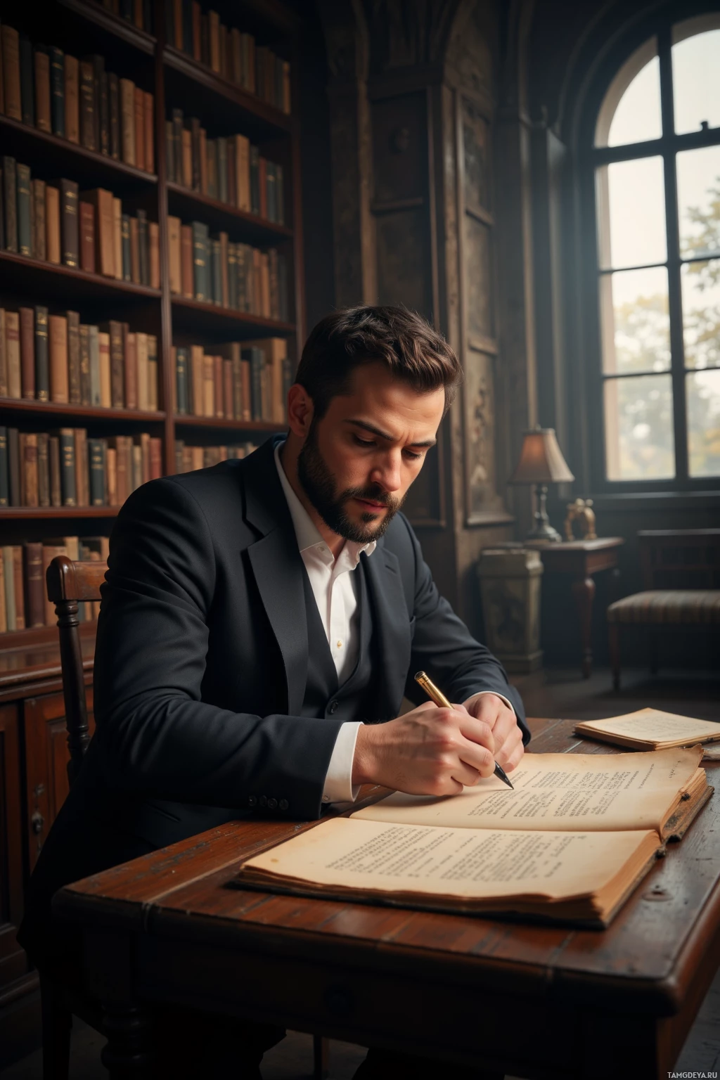 A man in a suit is writing in a notebook at a desk in a library.