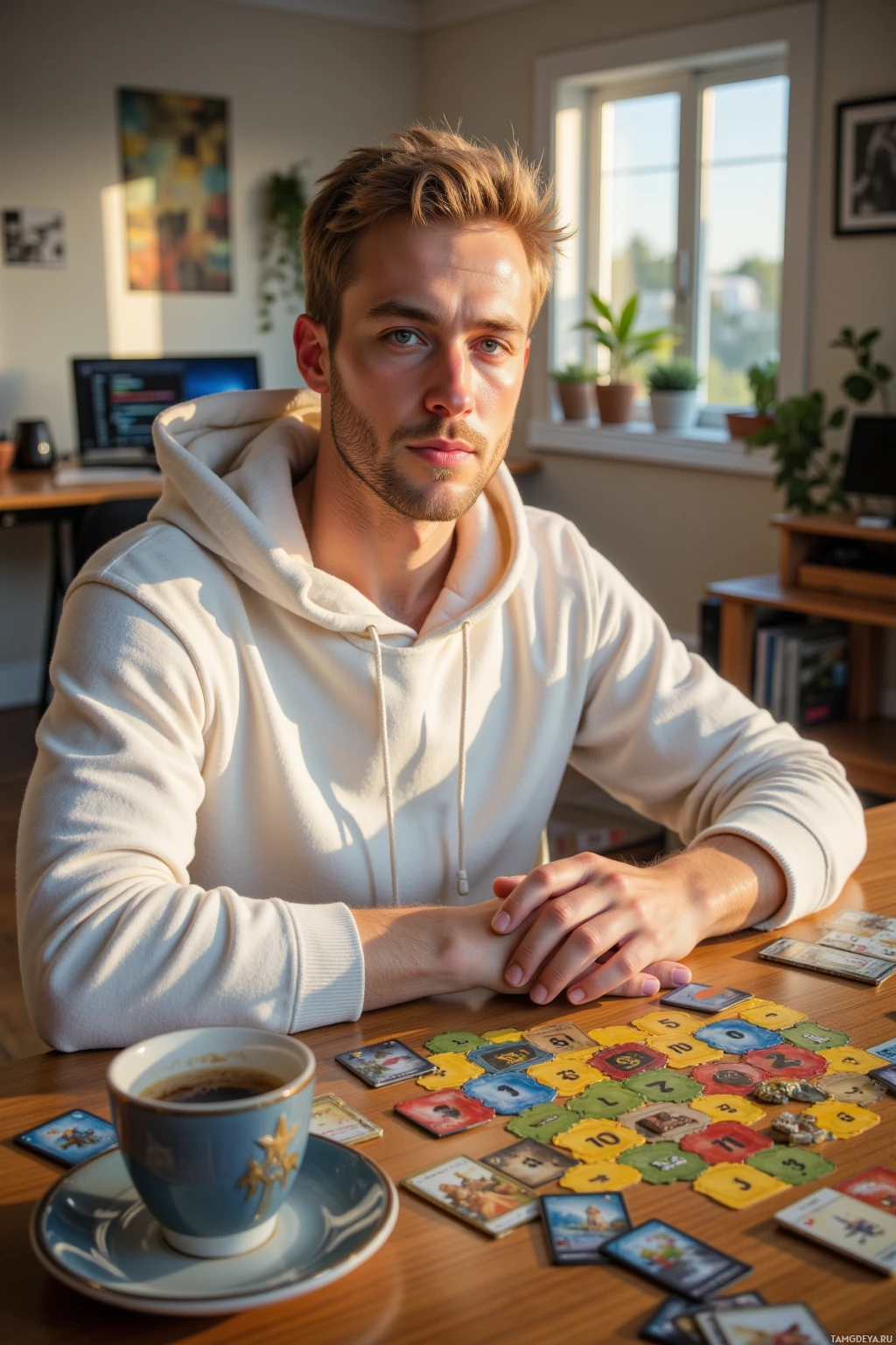 A person in a hoodie sits at a table with a cup of coffee and a board game.