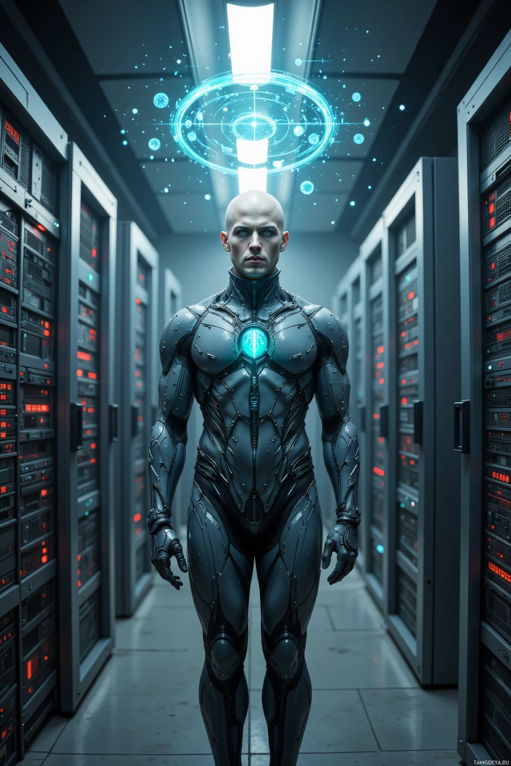 A futuristic humanoid figure stands in a server room illuminated by glowing blue lights.