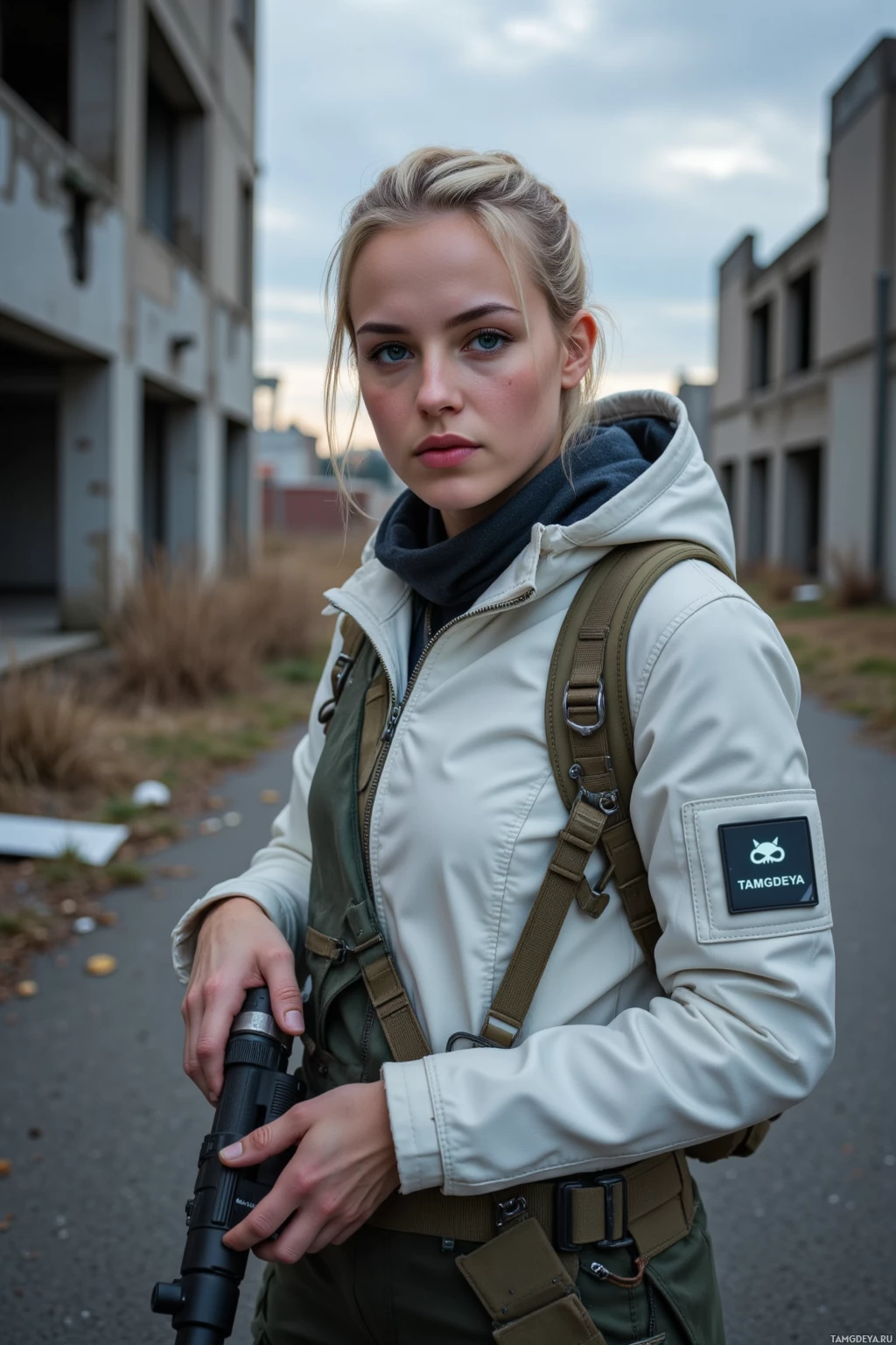 A person in a tactical outfit holding a camera and wearing a backpack stands in an urban setting.