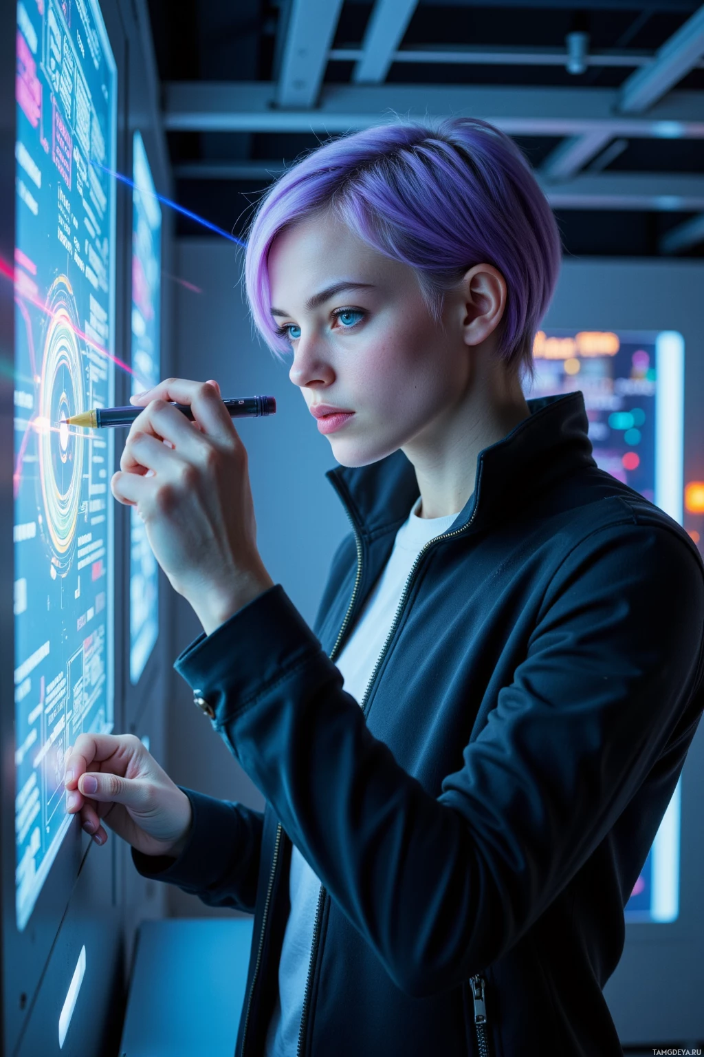 A person with purple hair stands in front of a large screen, pointing at it with a pen.