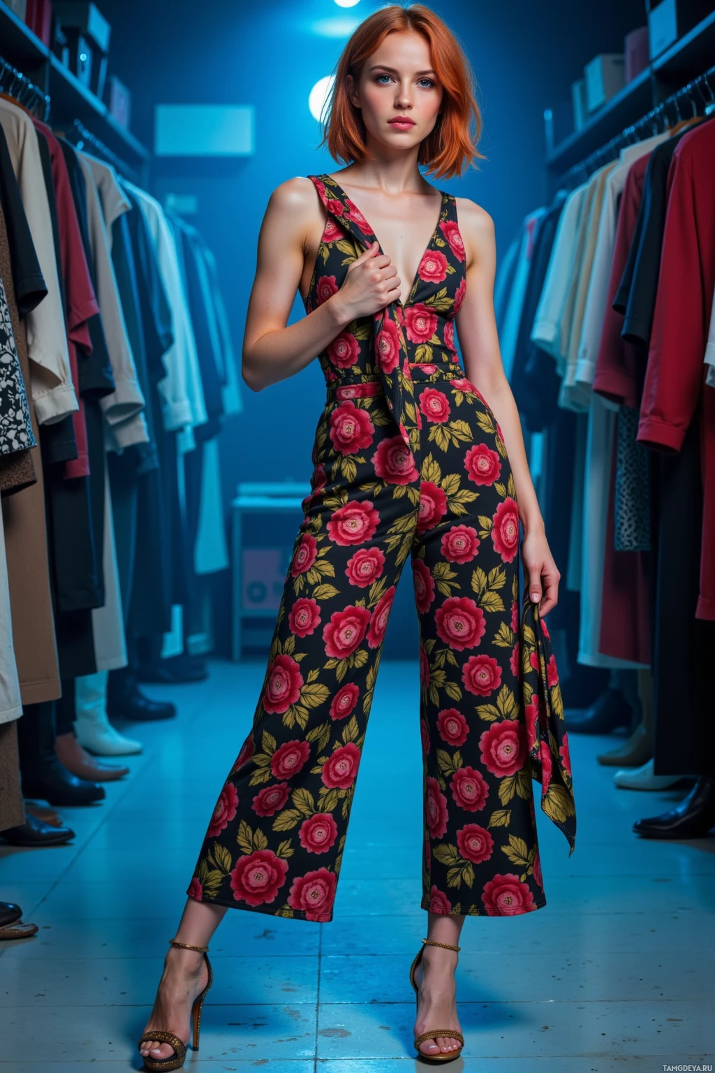 A woman stands in a clothing store, wearing a floral jumpsuit and high heels.