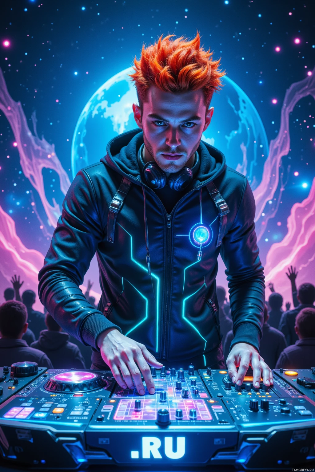 A DJ with vibrant orange hair performs at a futuristic party with a glowing blue and pink cosmic background.