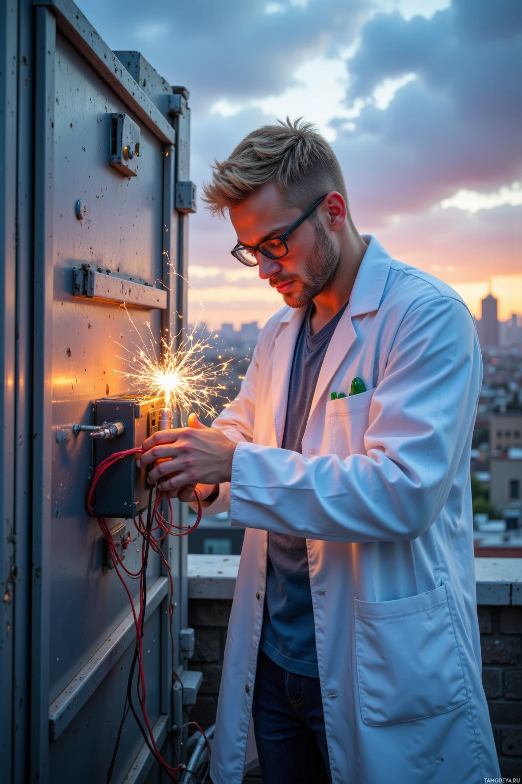 A person in a lab coat works on a device with sparks flying, set against a cityscape at dusk.