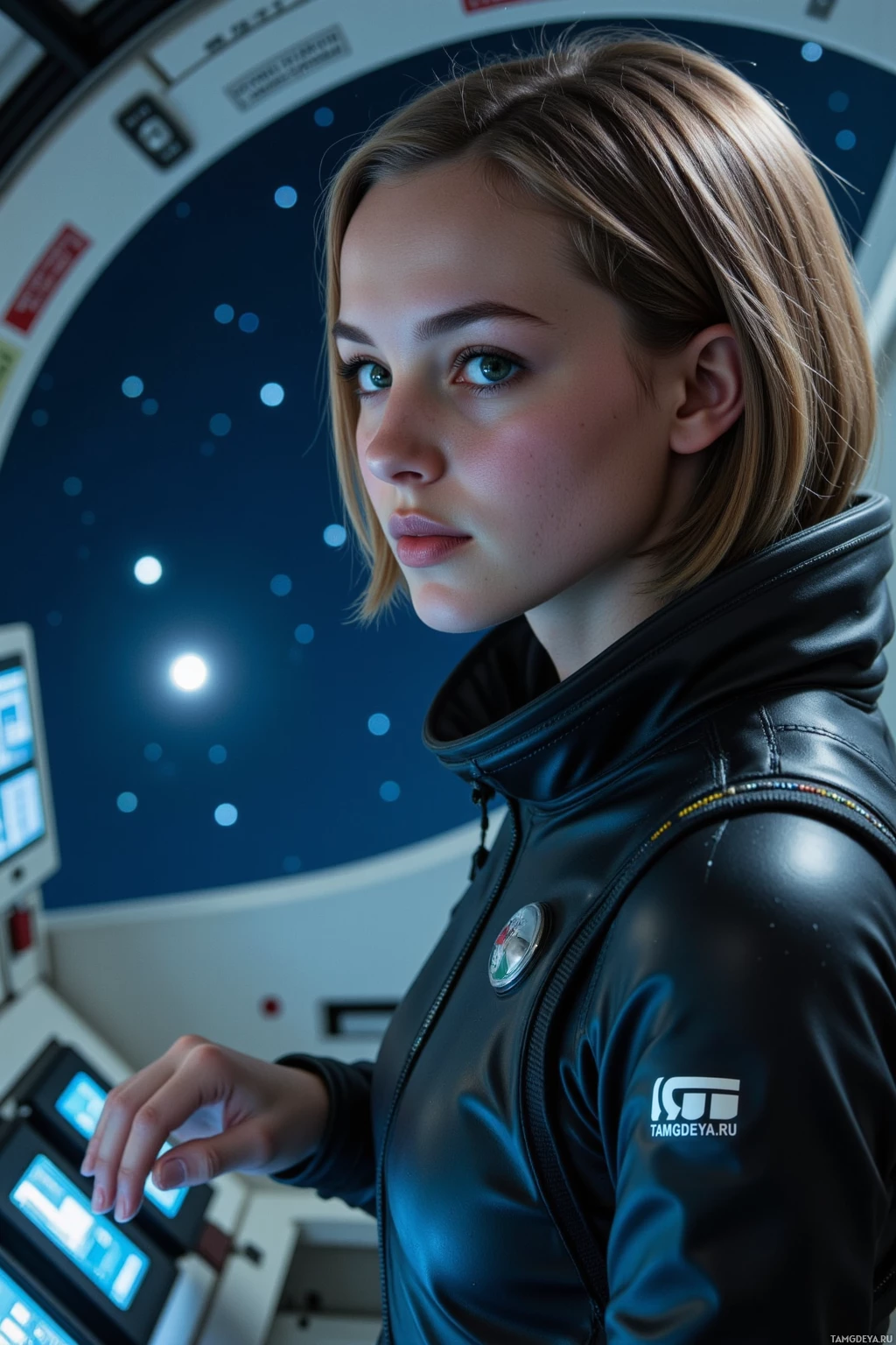 A person in a black jacket stands in front of a space-themed backdrop.