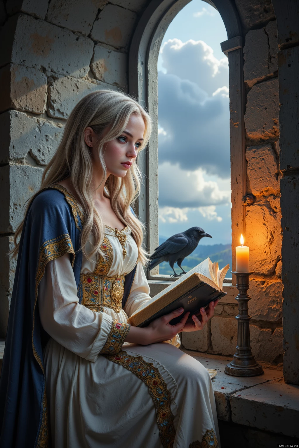 A woman in a medieval-style dress reads a book by candlelight, with a crow perched nearby.