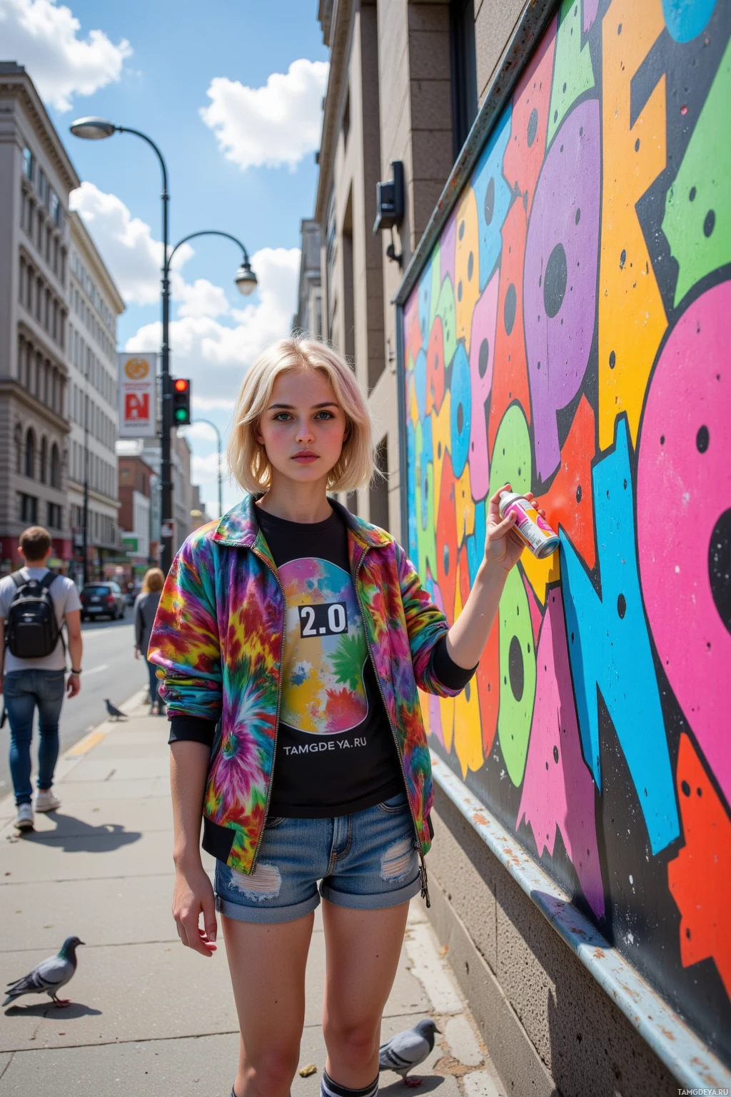 A person stands near a colorful graffiti wall in an urban setting.