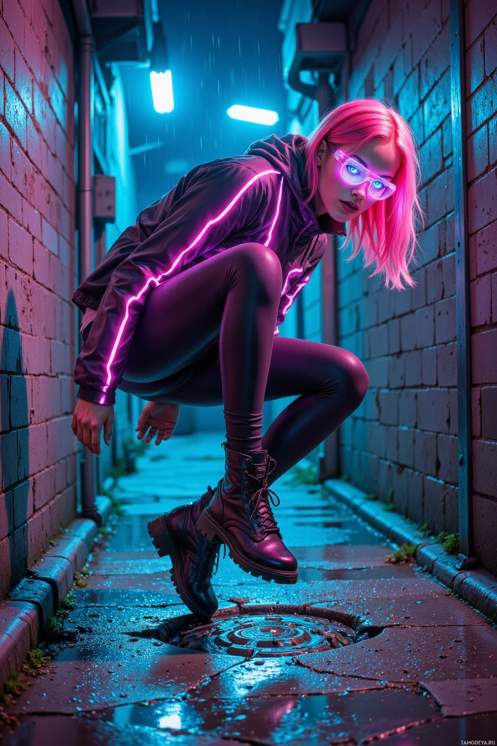 A person in a neon-lit alleyway wearing a reflective jacket and boots, crouching near a manhole cover.
