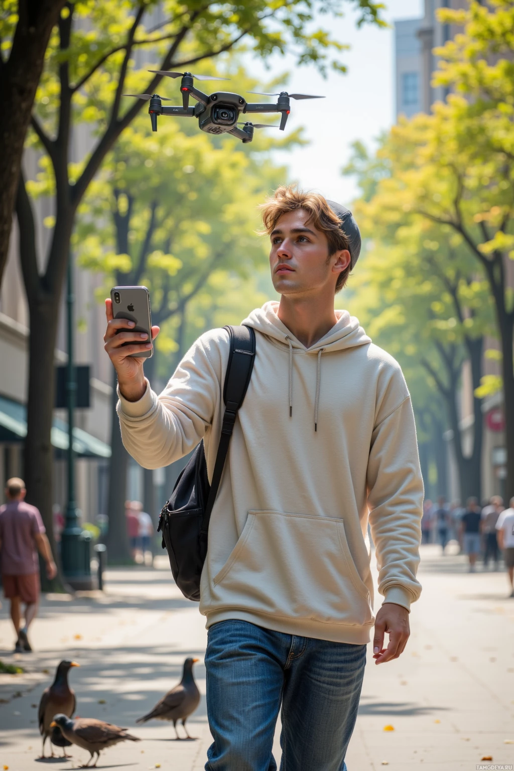 A person walks outdoors holding a phone, with a drone hovering above and birds on the ground.