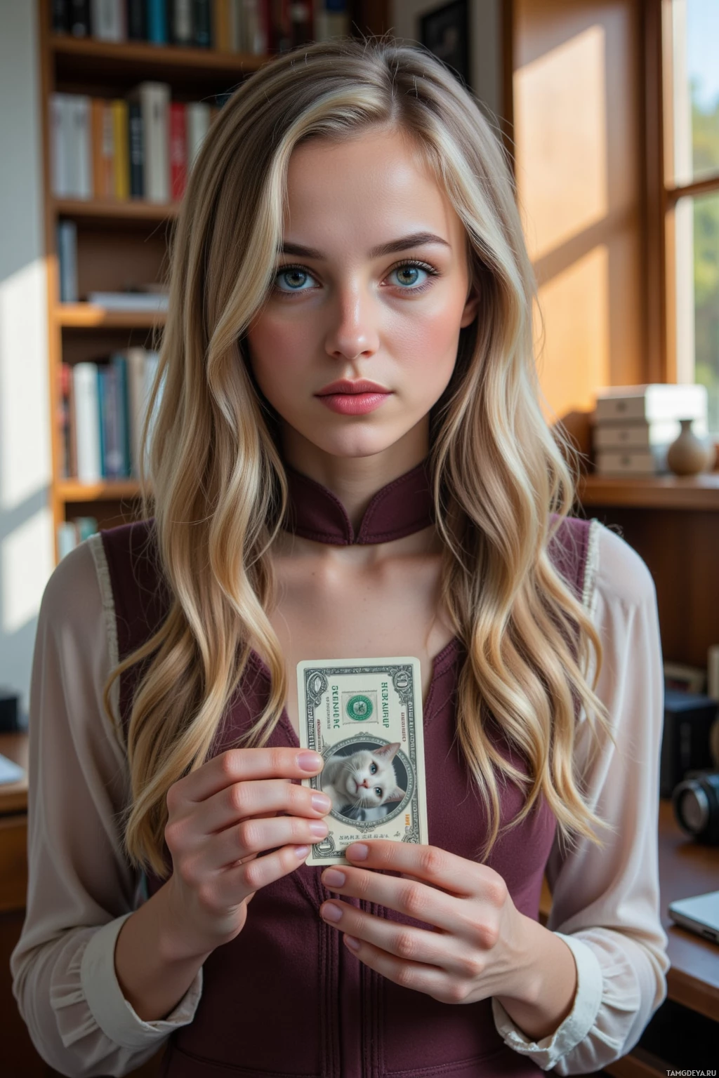 A woman holds a dollar bill with a cat image in a library setting.
