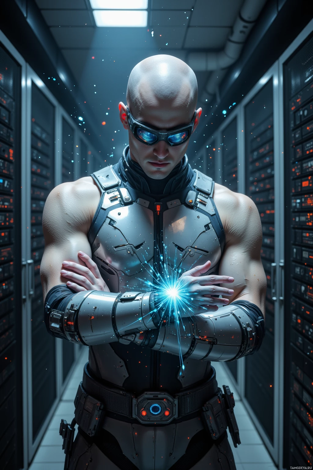 A futuristic armored individual stands in a server room, holding a glowing blue energy sphere.