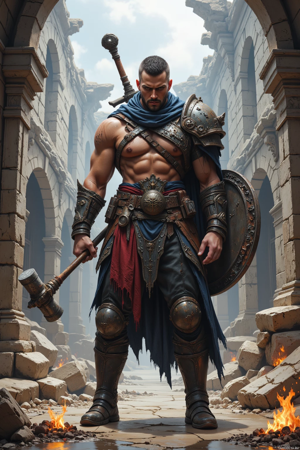 A muscular warrior in armor stands amidst ruins, holding a hammer and shield.