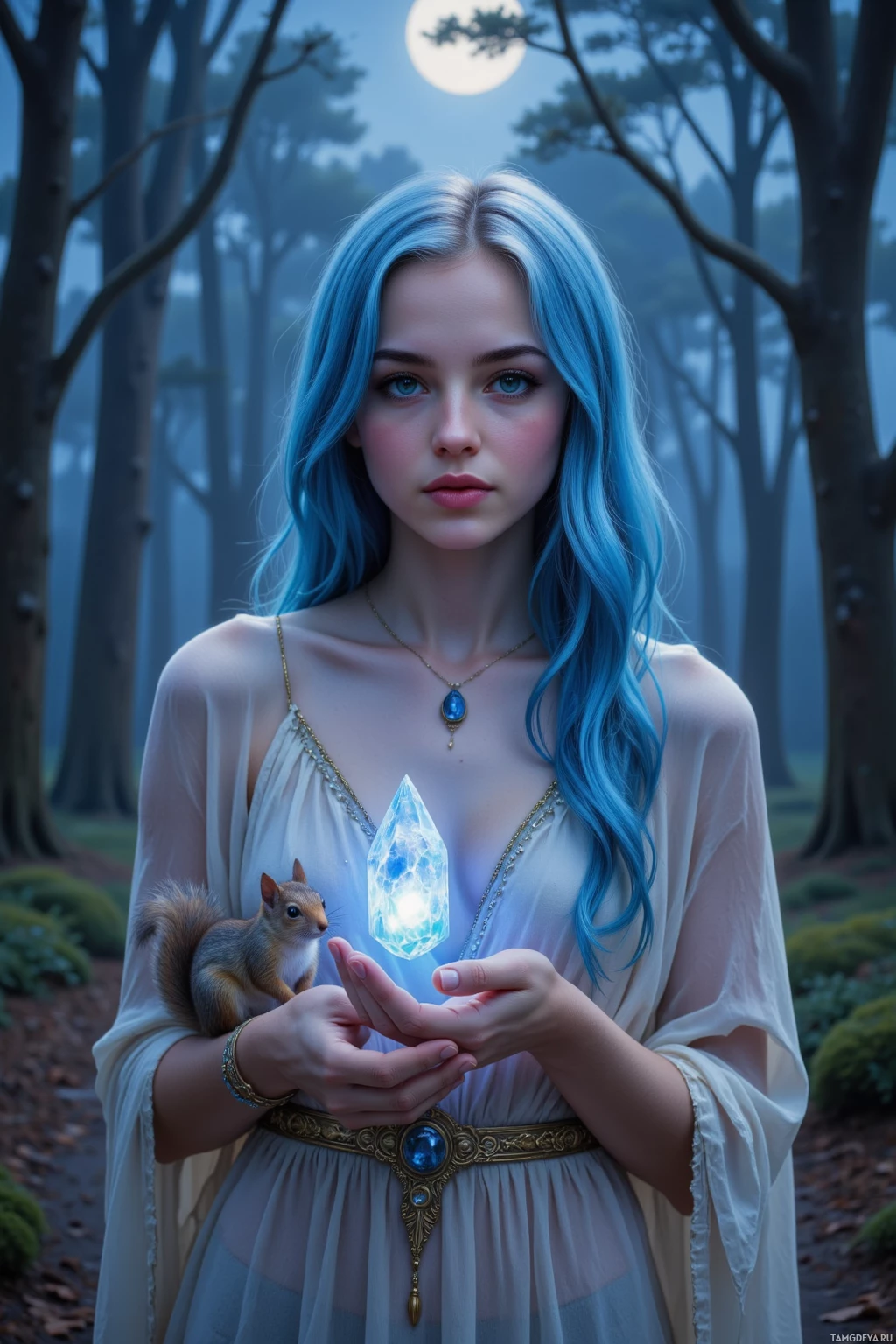 A woman with blue hair stands in a misty forest, holding a glowing crystal and a squirrel.