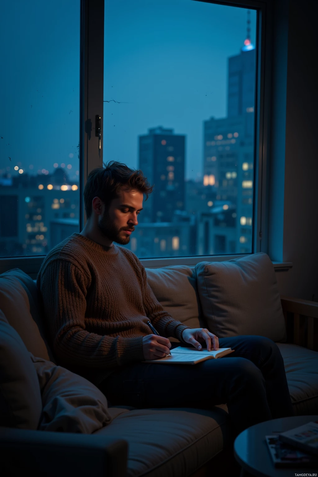 A man sits on a couch by a window at night, writing in a notebook.