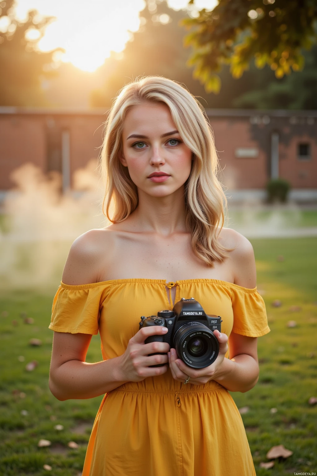 A woman in a yellow dress holds a camera in a sunlit outdoor setting.