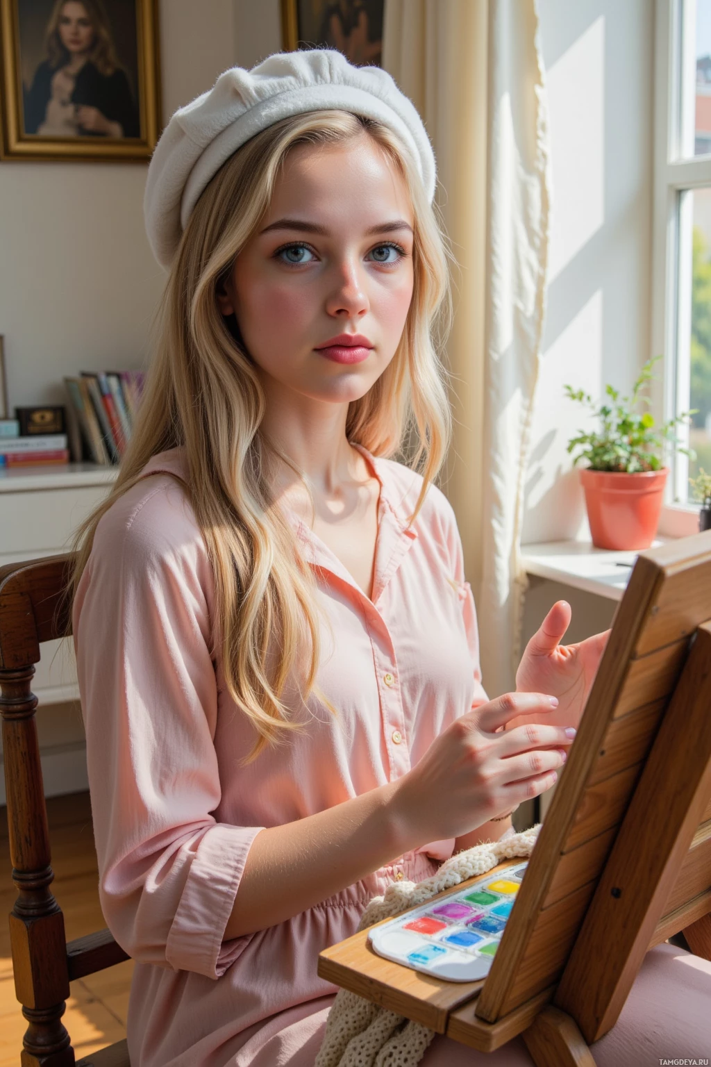 A person wearing a beret and a pink shirt is seated at a wooden easel with a palette of watercolors.
