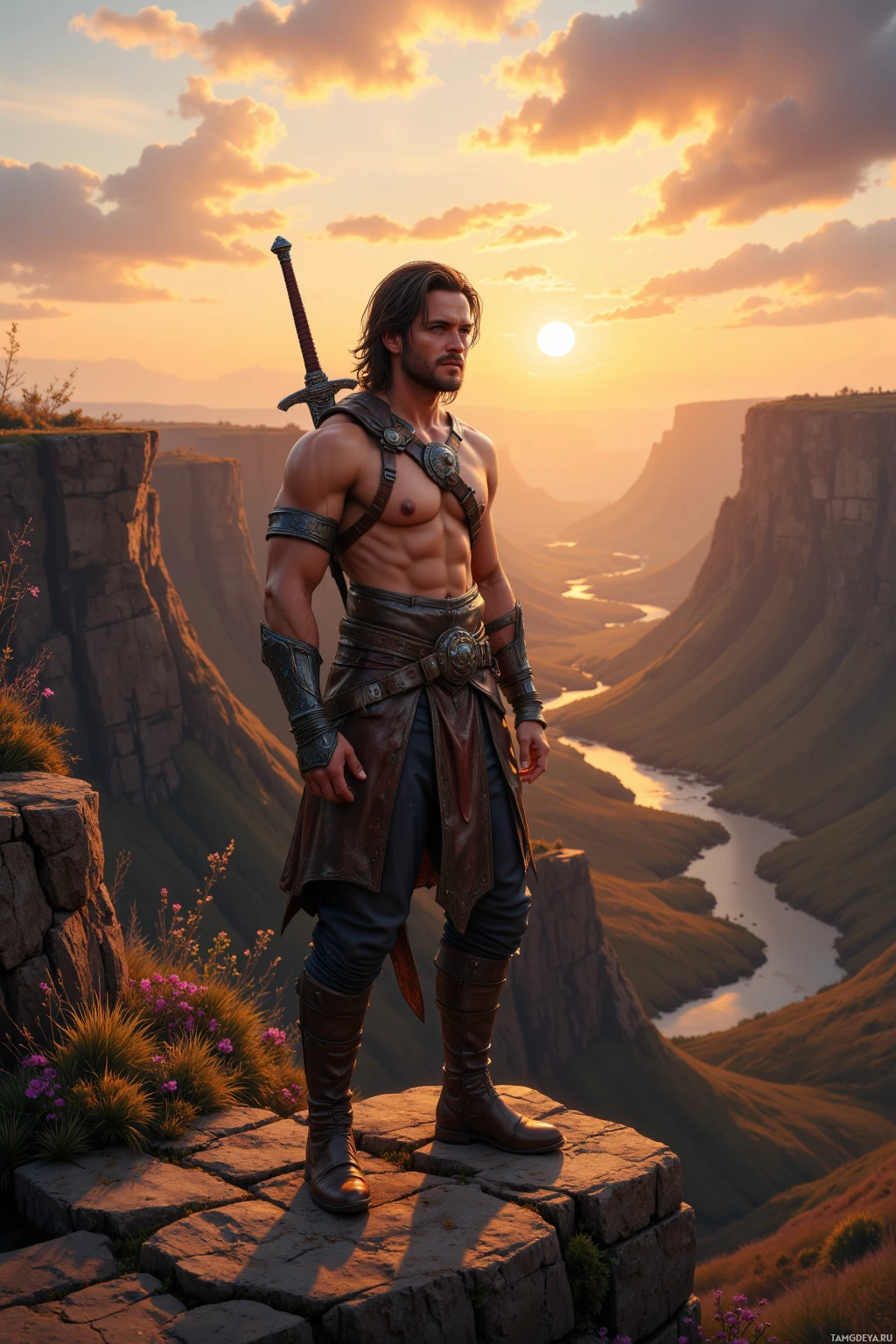 A muscular warrior stands on a cliff overlooking a vast canyon at sunset.