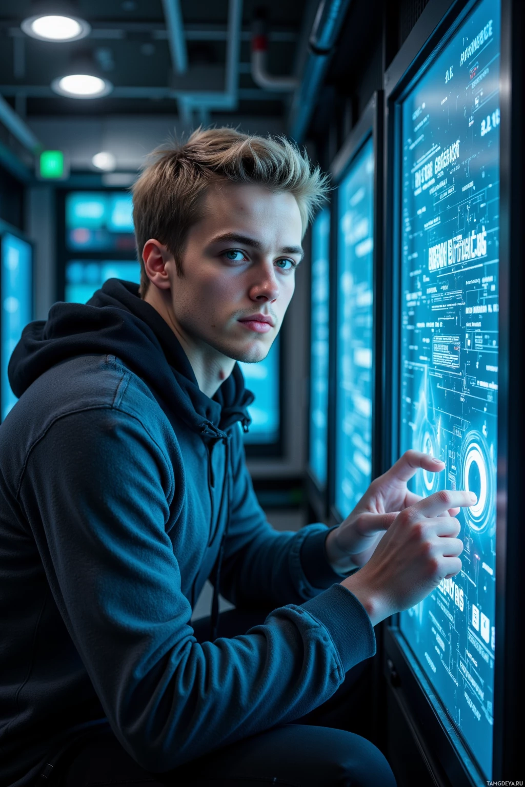 A person in a hoodie interacts with a futuristic digital interface.