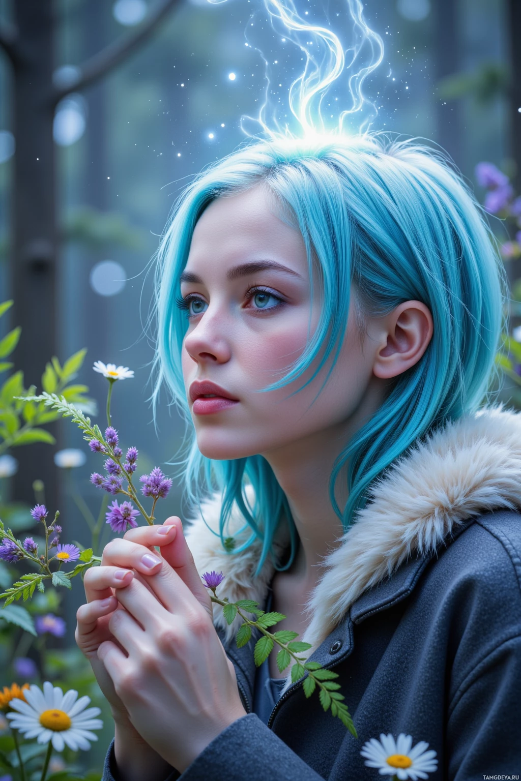 A person with blue hair stands in a forest, holding a flower.