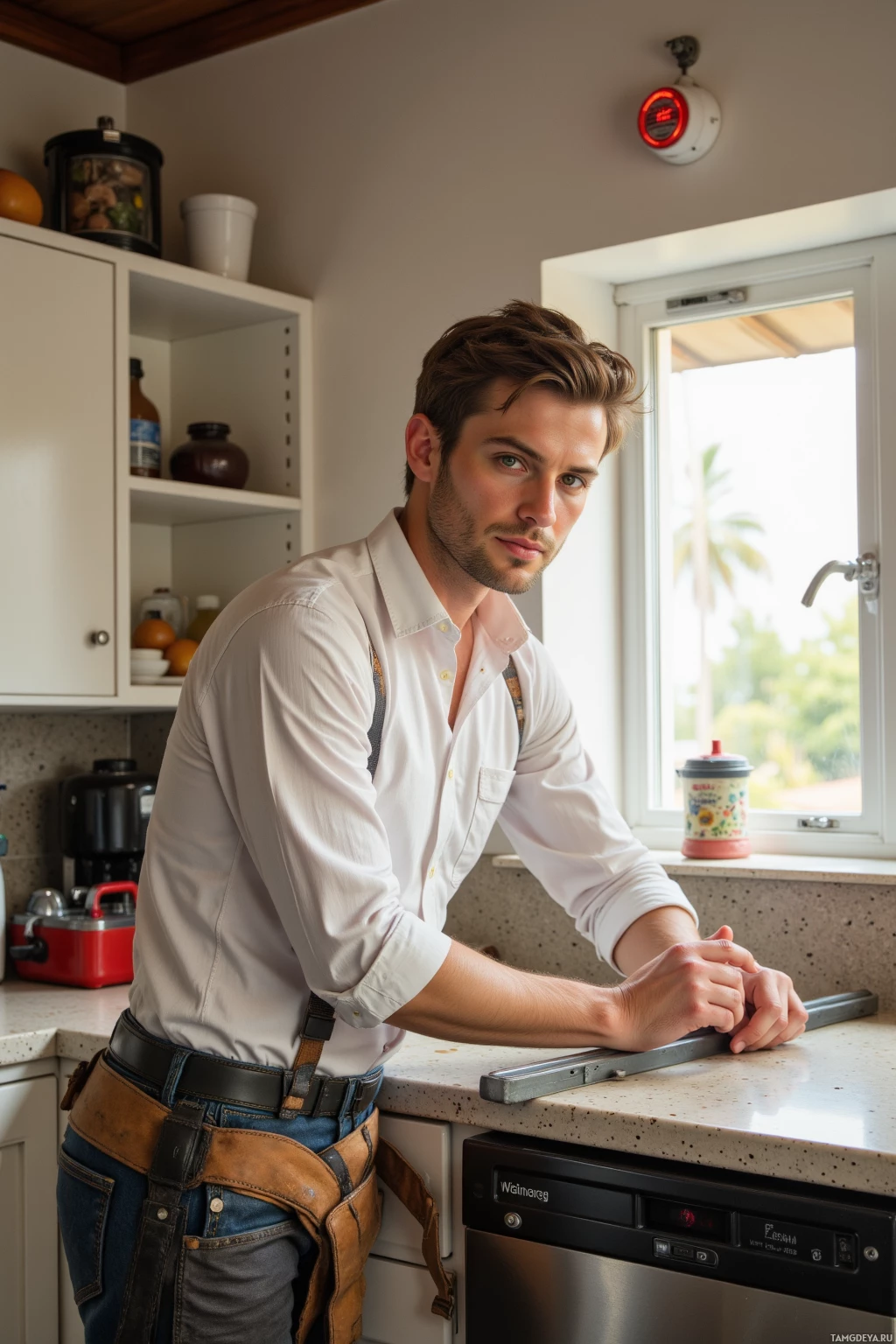 A man in a white shirt and suspenders leans on a kitchen counter.
