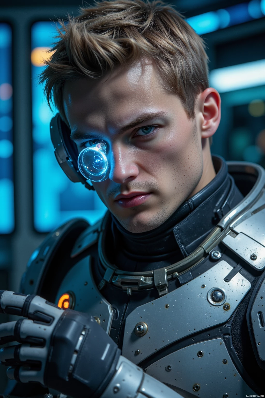 A person in futuristic armor with a glowing eye and a high-tech glove.