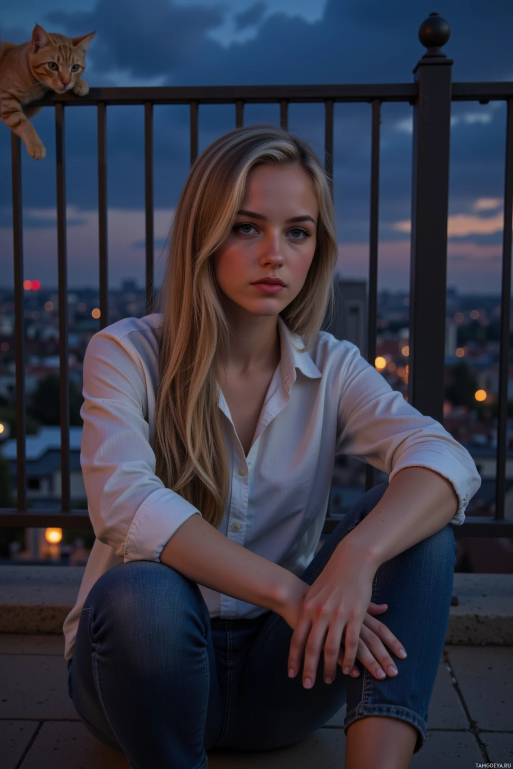 A person in a white shirt and jeans sits on a rooftop with a cat perched on the railing.